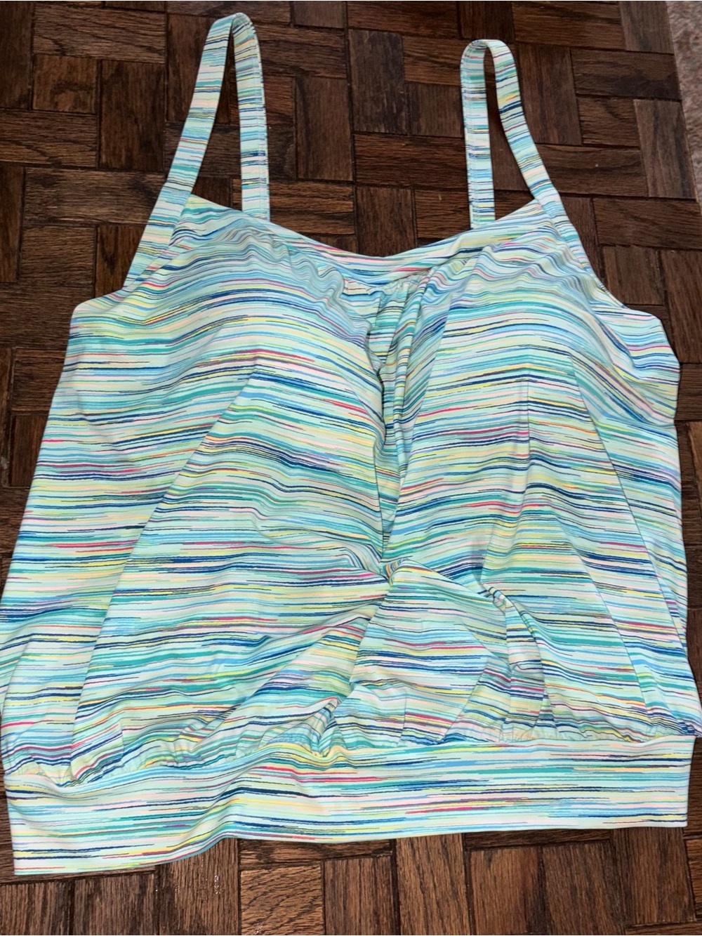 Lands end aqua blue stripe blouson tankini top swim molded cup bathing suit 22w